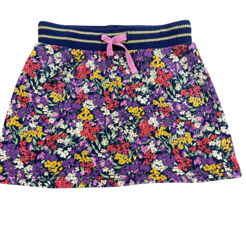 Mini Boden Girls Purple Floral Jersey Skirt Gold Stripe Waist Size 6-7Y G4406